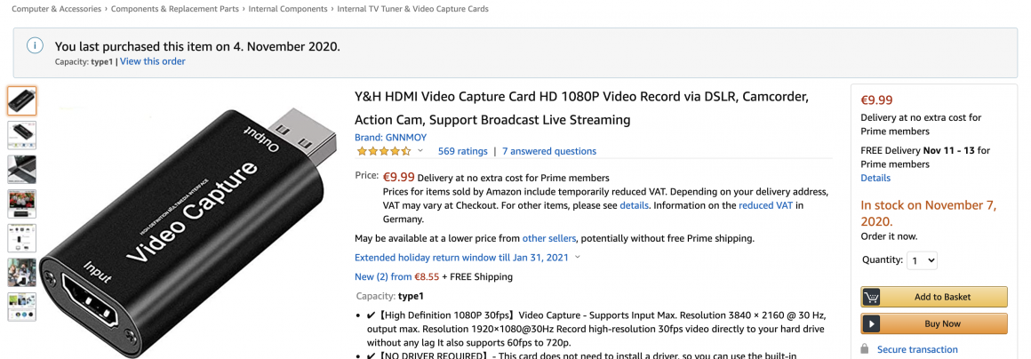 Amazon Screenshot of the HDMI Video Capture Card for 10€ - Also known as the Can'tLink